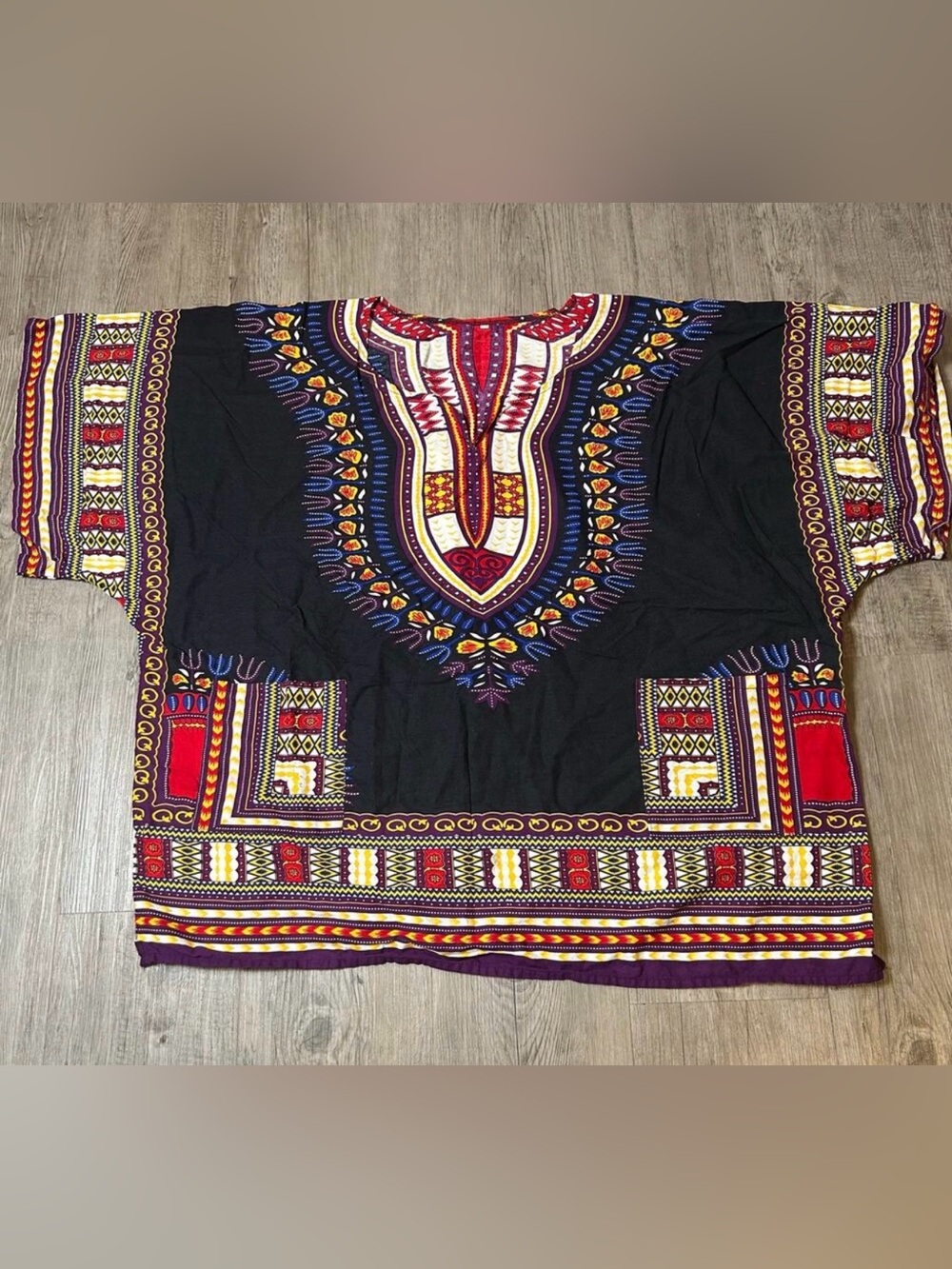 African Dashiki Shirt Unisex Plus Size Black Multicolor Tribal Tunic 30” Chest